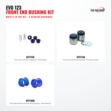 Load image into Gallery viewer, Evo 123 - Front End Bushing Kit contents — 3 genuine SuperPro bushings, fully customizable
