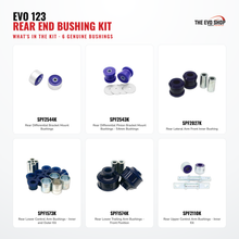 Load image into Gallery viewer, Evo 123 - Rear End Bushing Kit contents — 6 genuine SuperPro bushings, fully customizable
